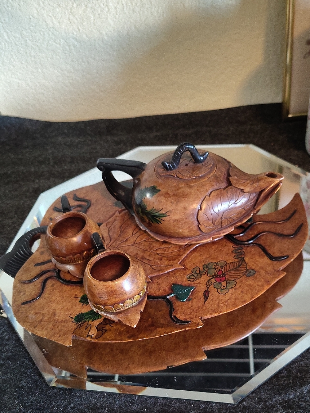 Rare Antique crafted Carve Chinese Stone Teapot Set with Cups - Brown